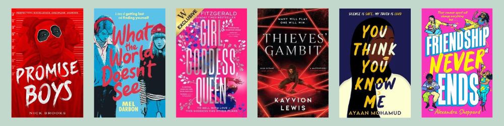 Covers of the six shortlisted titles for the Waterstones Children's Book Prize 2024 - Older Readers Category
