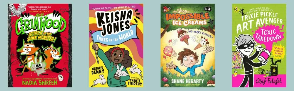 Cover images of the four titles shortlisted for the 6-8 fiction category of the LOLLIES 2025