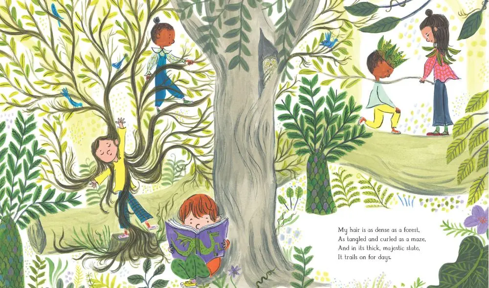 Inside spread from My Hair is as Long as a River, winner of the 2025 Klaus Flugge Prize