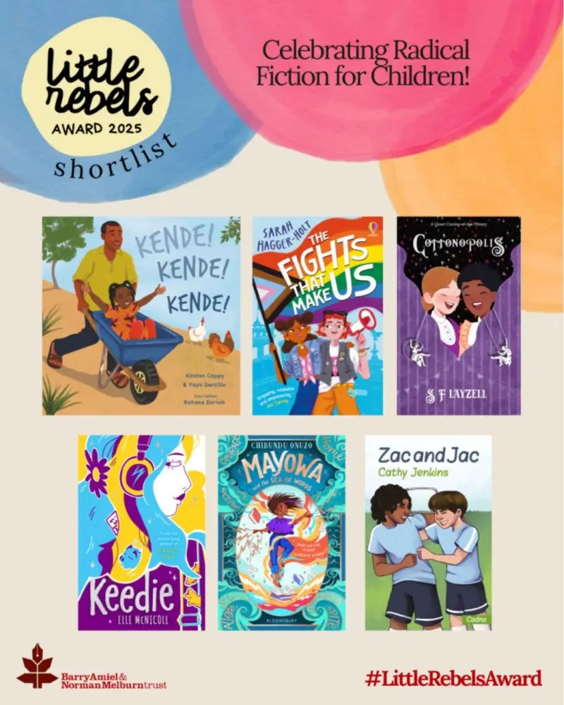 Cover images for the six titles shortlisted for the Little Rebels Award 2025.