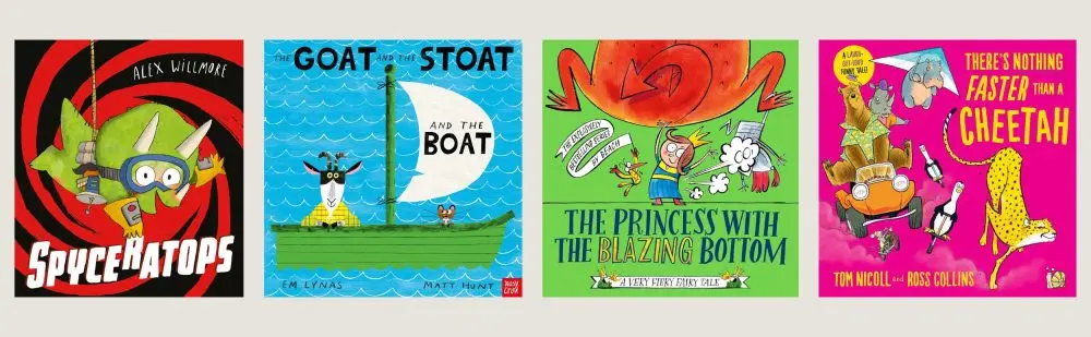 Cover images of the four titles shortlisted for the picture books category of the LOLLIES 2025