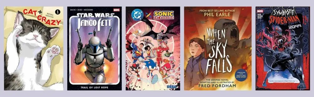 Cover shots of the five shortlisted graphic novel and manga titles for the 11+ category of the Excelsior Award 2026