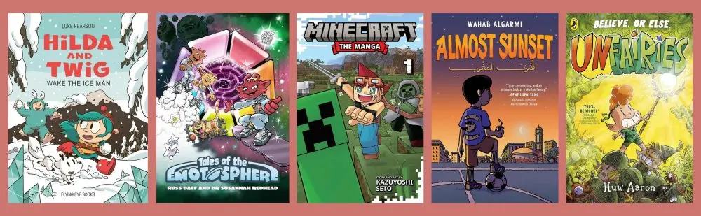 Cover shots of the five shortlisted graphic novel and manga titles for the 9+ category of the Excelsior Award 2026