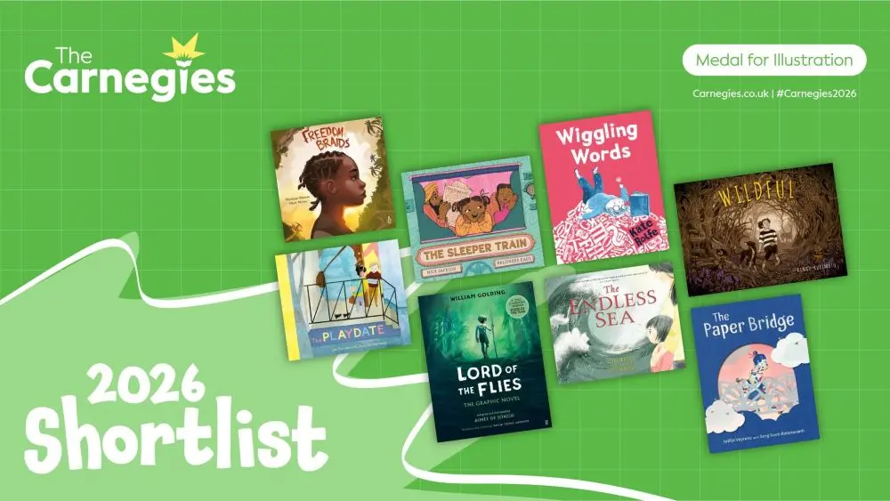 Green panel with the logo for The Carnegies featuring cover images of the eight titles shortlisted for the 2026 Medal for Illustration.