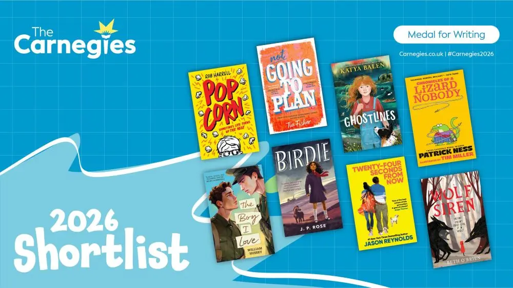 Blue panel with the logo for the Carnegies featuring cover images of the eight titles shortlisted for the Medal for Writing.