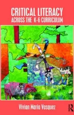 Cover shot of Critical Literacy Across the K-6 Classroom featuring a collage style illustration that has been broken up into different pieces and reassembled randomly so that it's meaning is difficult to read. 