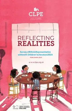 Cover shot of the Reflecting Realities report 2025 showing an image of four children sitting round a table in front of a window with light streaming through. The illustration is by Yasmeen Ismail