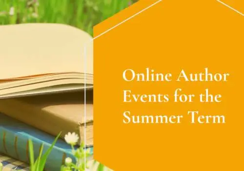 Background image of a pile of books on a patch of grass with a superimposed yellow hexagon with the words Online Author Events for the Summer Term.