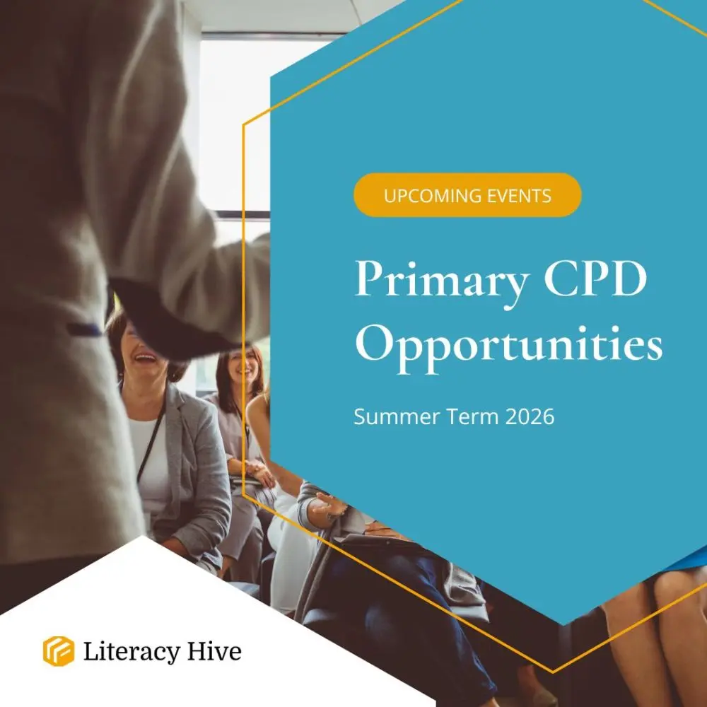 Background image of a presenter talking to a group of professoinals overlaid with a blue hexagon with title Primary CPD: Summer Term