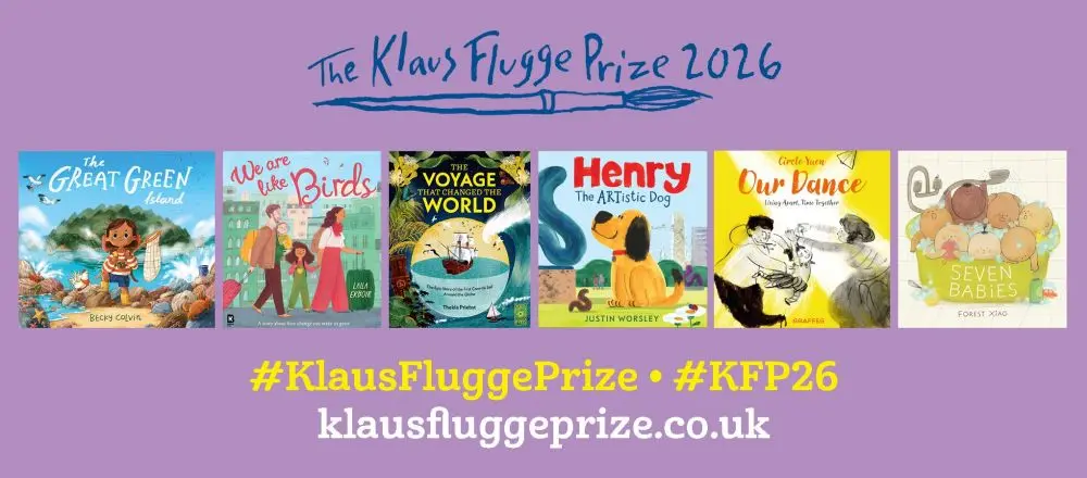 Panel showing the Klaus Flugge Prize logo and the covers of the six titles shortlisted for the 2026 award on a purple background.