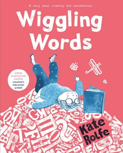 Cover image shows a child dressed in blue lying on her back in an attitude of exhaustion on top of a pile of white letters against a red background.