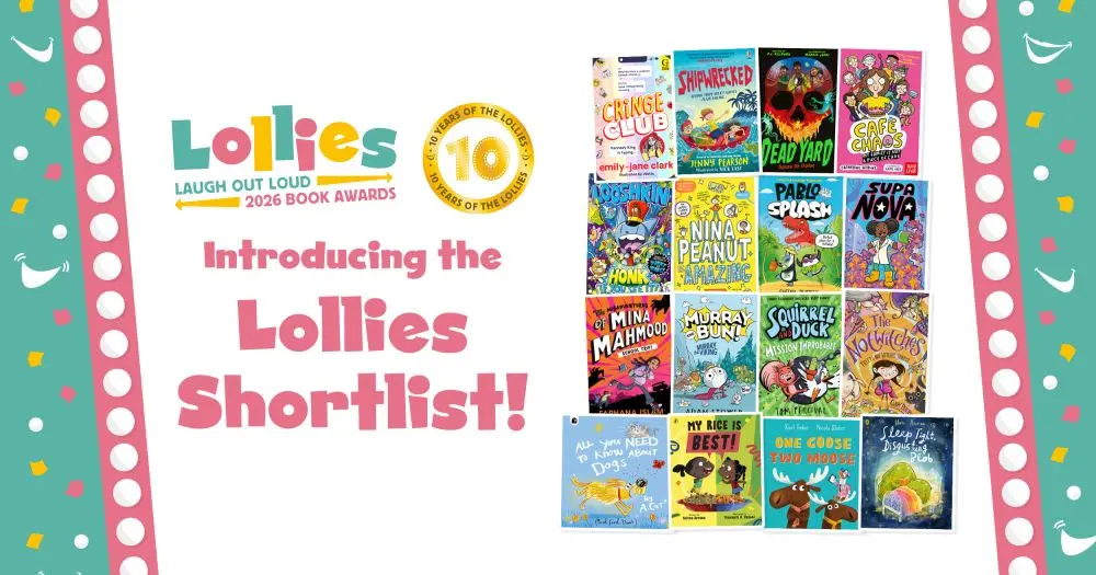 Graphic with the Lollies Logo, a 10th Anniversary roundel, the words Introducing the Lollies Shortlist and cover images of all 16 shortlisted titles.