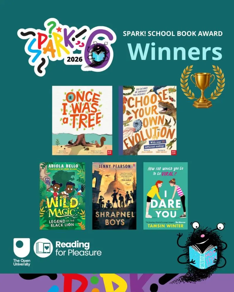 Cover images of the winning titles for the Spark! School Book Awards 2025-26 on a green back ground with the award logo.