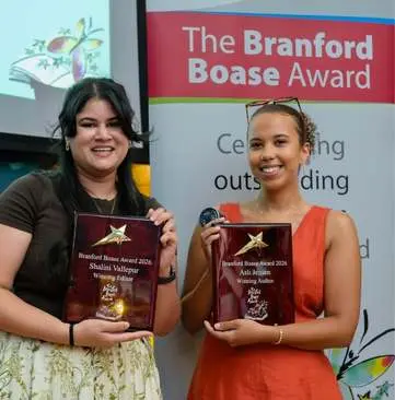 Photo of Asli Jensen and Shalini Vallepur, winning author and editor of the 2026 Branford Boase Award.