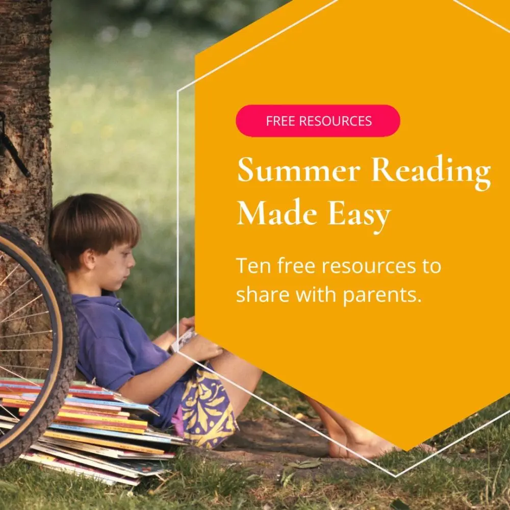 Photo of a boy leaning against a tree reading, with a pile of books by his side all superimposed with yellow hexagon with title: Summer Reading Made Easy.