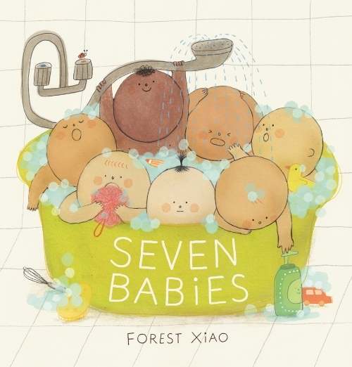 Cover image of Klaus Flugge Prize winner 2026 Seven Babies showing at the seven babies in a bath with bubbles and bath toys.