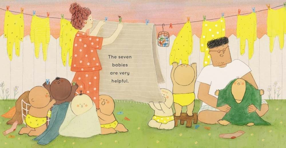A spread from Seven Babies, winner of the 2026 Klaus Flugge award showing a scene with the seven babies playing around the feet of two adults as one hangs out washing and the other dresses one of the babies.
